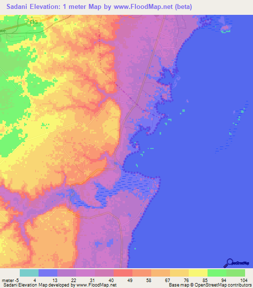 Sadani,Tanzania Elevation Map