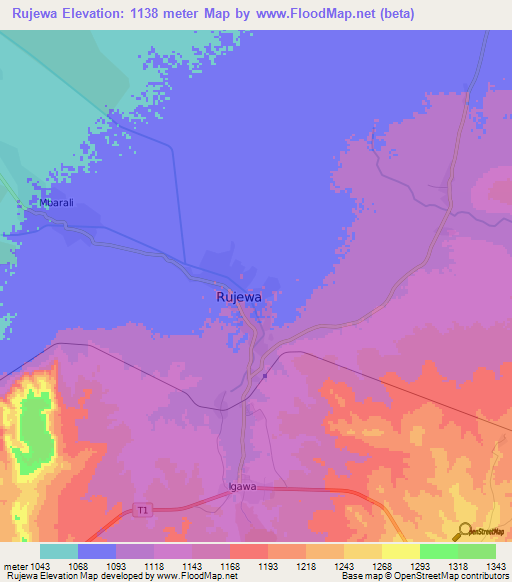 Rujewa,Tanzania Elevation Map