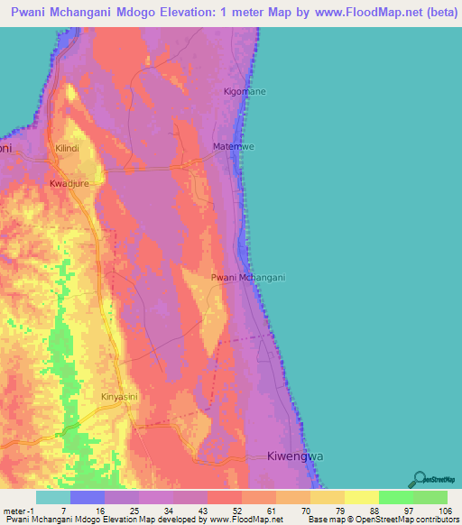 Pwani Mchangani Mdogo,Tanzania Elevation Map