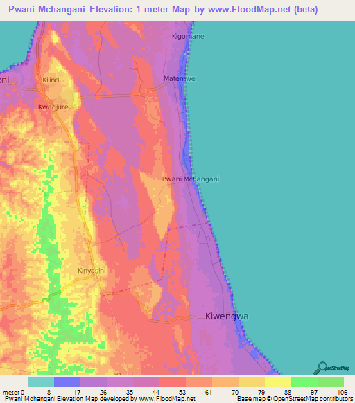 Pwani Mchangani,Tanzania Elevation Map