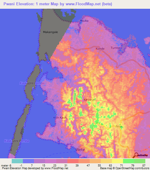 Pwani,Tanzania Elevation Map