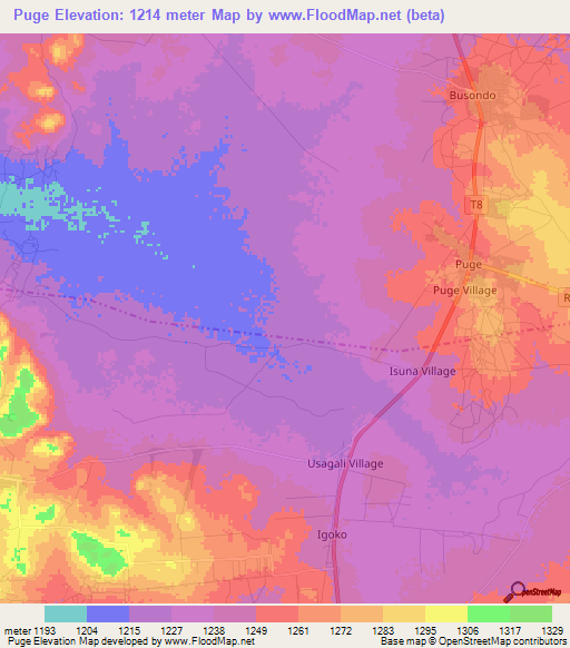 Puge,Tanzania Elevation Map