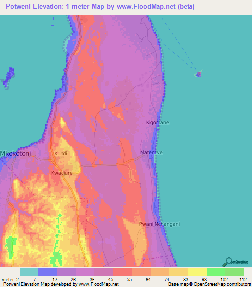 Potweni,Tanzania Elevation Map