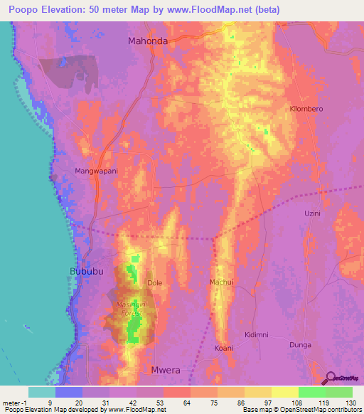 Poopo,Tanzania Elevation Map