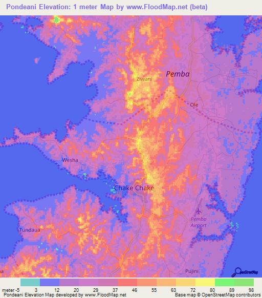 Pondeani,Tanzania Elevation Map