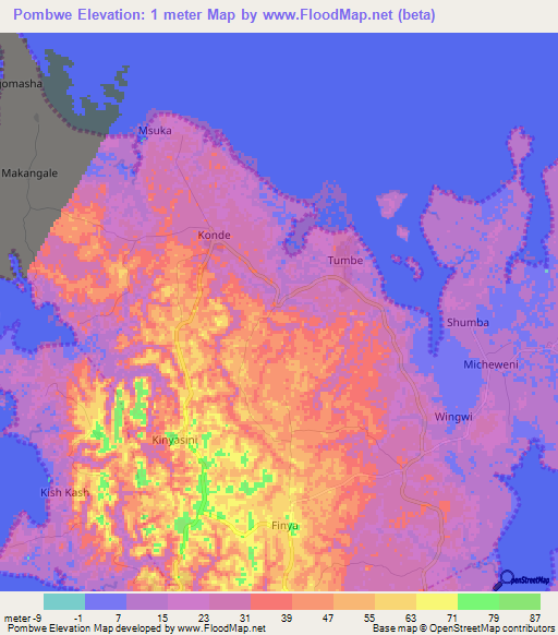 Pombwe,Tanzania Elevation Map