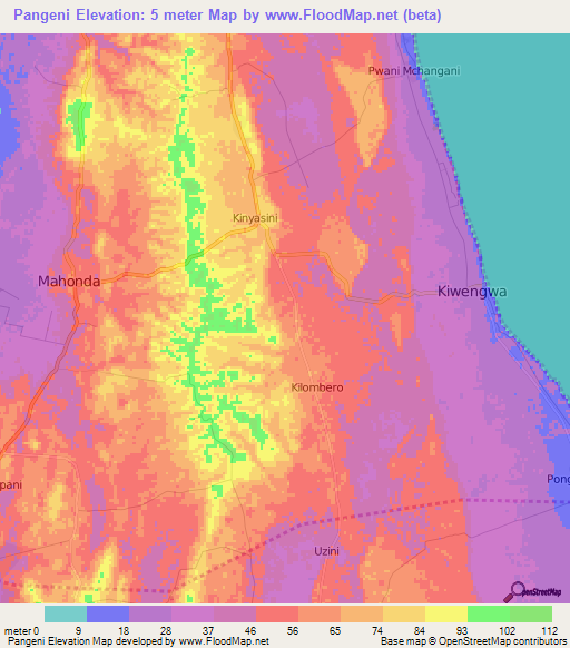 Pangeni,Tanzania Elevation Map