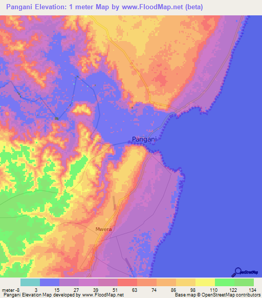 Pangani,Tanzania Elevation Map