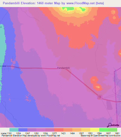 Pandambili,Tanzania Elevation Map