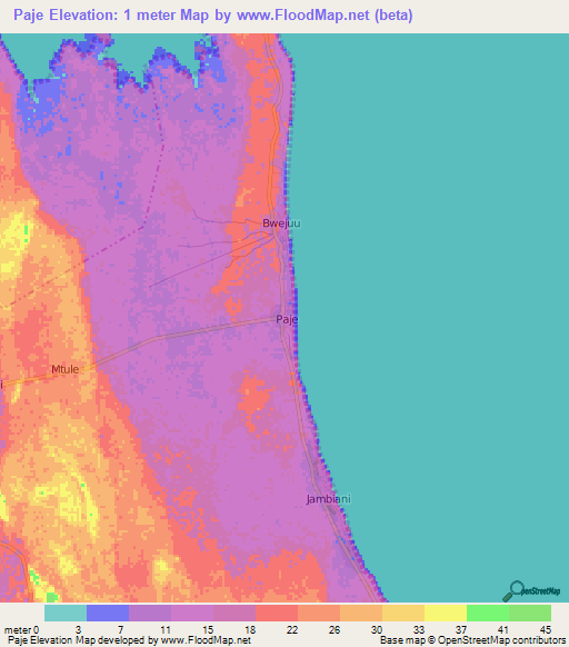 Paje,Tanzania Elevation Map