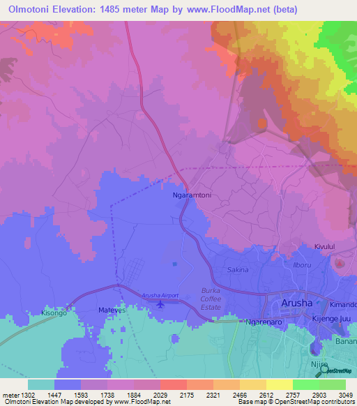 Olmotoni,Tanzania Elevation Map