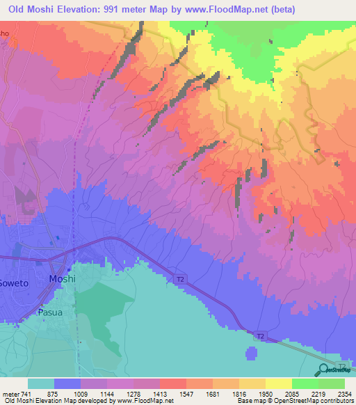 Old Moshi,Tanzania Elevation Map