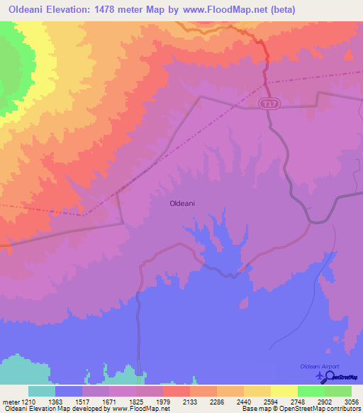 Oldeani,Tanzania Elevation Map