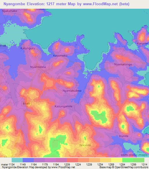 Nyangombe,Tanzania Elevation Map