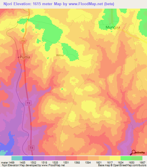 Njori,Tanzania Elevation Map