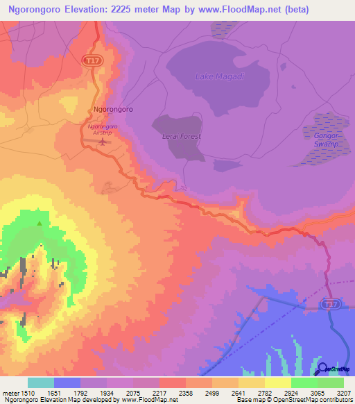 Ngorongoro,Tanzania Elevation Map