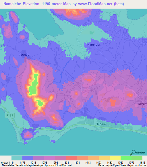 Namalebe,Tanzania Elevation Map