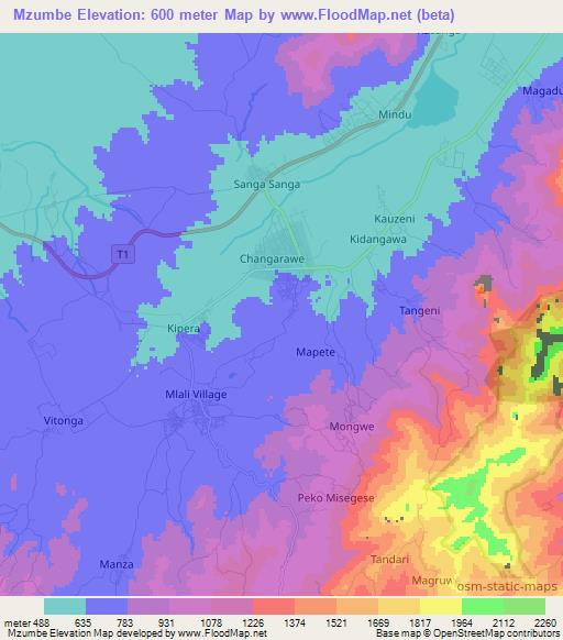 Mzumbe,Tanzania Elevation Map