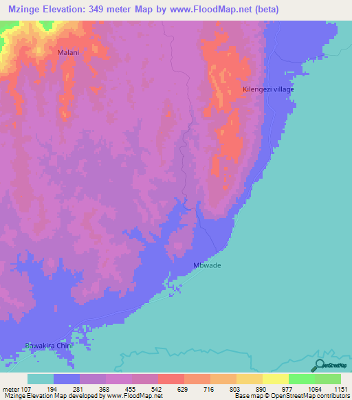 Mzinge,Tanzania Elevation Map