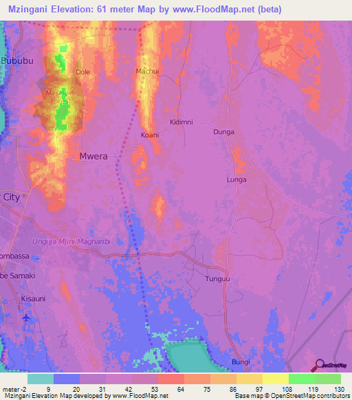 Mzingani,Tanzania Elevation Map