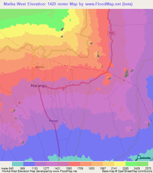 Mwika West,Tanzania Elevation Map