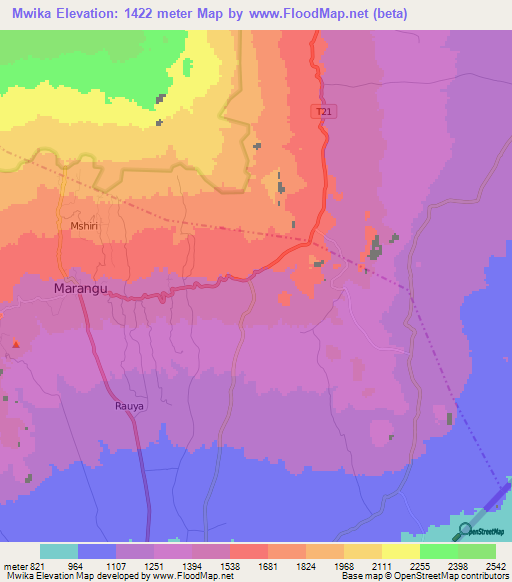 Mwika,Tanzania Elevation Map