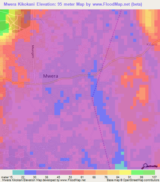 Mwera Kikokani,Tanzania Elevation Map