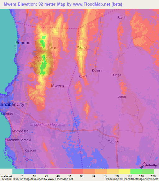 Mwera,Tanzania Elevation Map