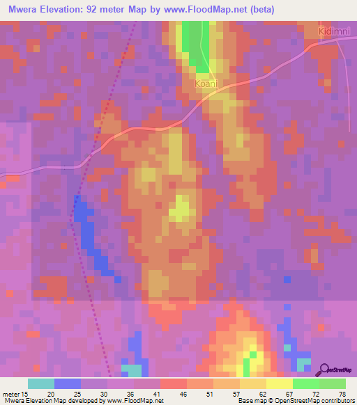 Mwera,Tanzania Elevation Map