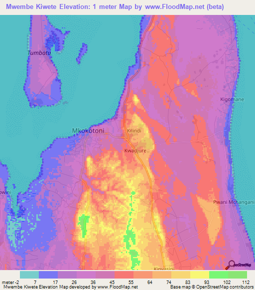 Mwembe Kiwete,Tanzania Elevation Map