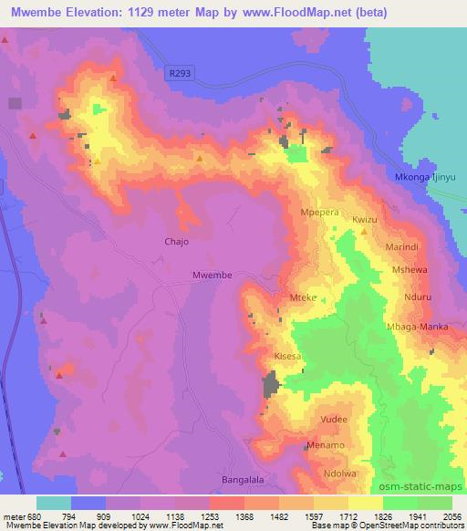 Mwembe,Tanzania Elevation Map