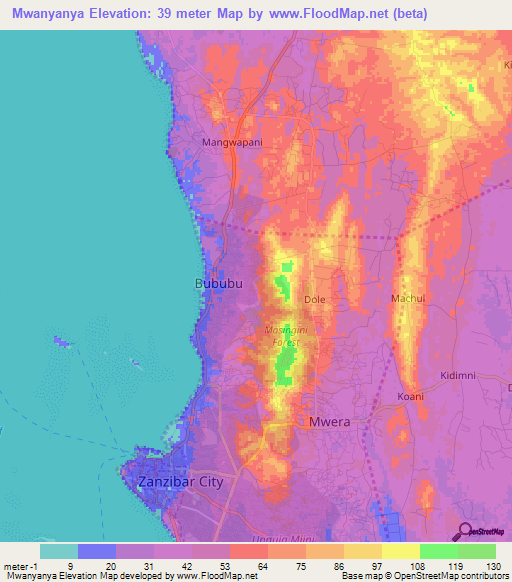 Mwanyanya,Tanzania Elevation Map