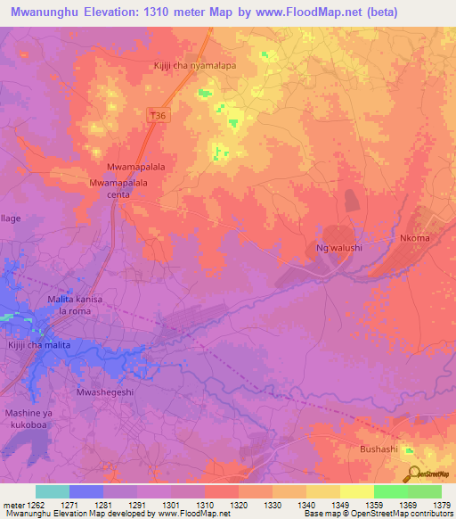 Mwanunghu,Tanzania Elevation Map