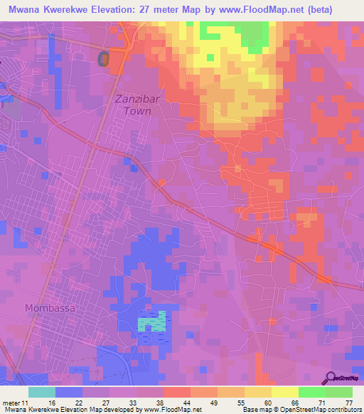 Mwana Kwerekwe,Tanzania Elevation Map