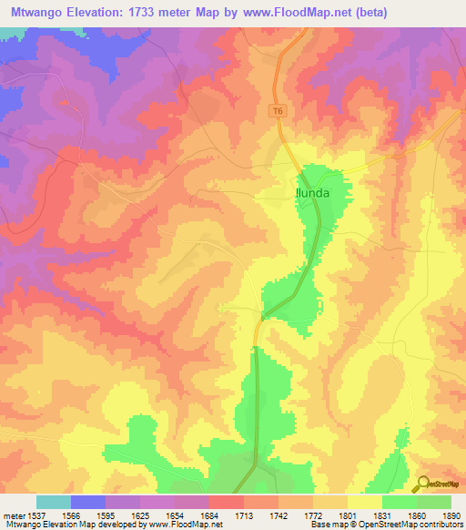 Mtwango,Tanzania Elevation Map