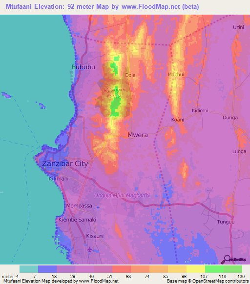 Mtufaani,Tanzania Elevation Map