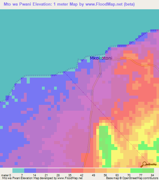 Mto wa Pwani,Tanzania Elevation Map