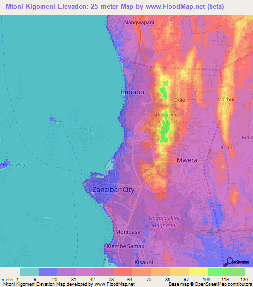 Mtoni Kigomeni,Tanzania Elevation Map