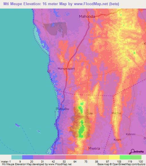 Mti Meupe,Tanzania Elevation Map