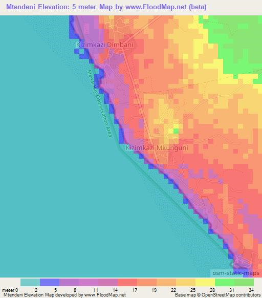 Mtendeni,Tanzania Elevation Map