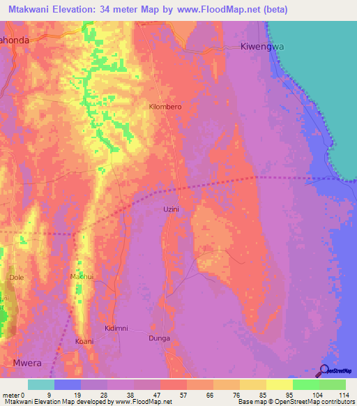 Mtakwani,Tanzania Elevation Map