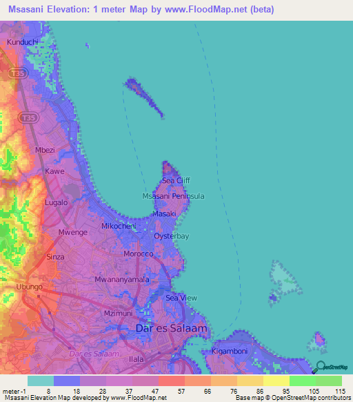 Msasani,Tanzania Elevation Map