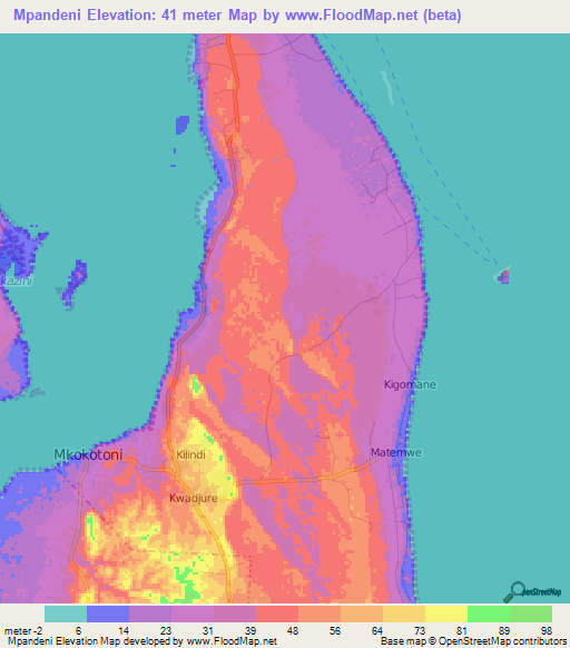 Mpandeni,Tanzania Elevation Map