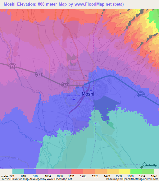 Moshi,Tanzania Elevation Map