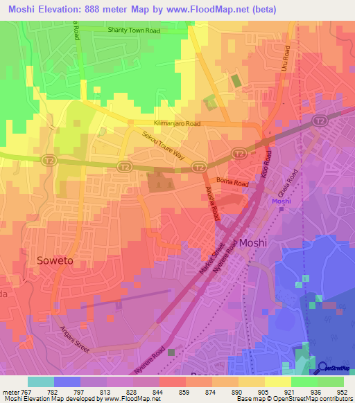 Moshi,Tanzania Elevation Map