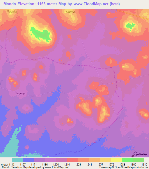 Mondo,Tanzania Elevation Map