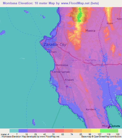 Mombasa,Tanzania Elevation Map