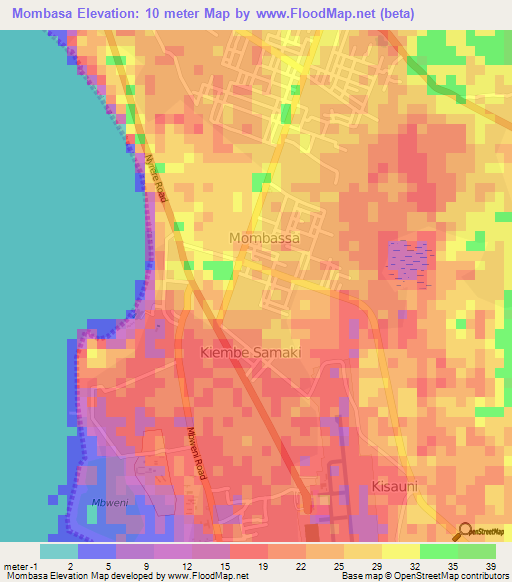 Mombasa,Tanzania Elevation Map