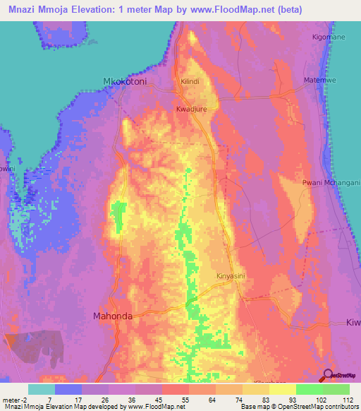 Mnazi Mmoja,Tanzania Elevation Map