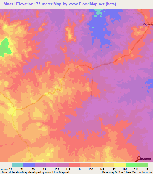 Mnazi,Tanzania Elevation Map